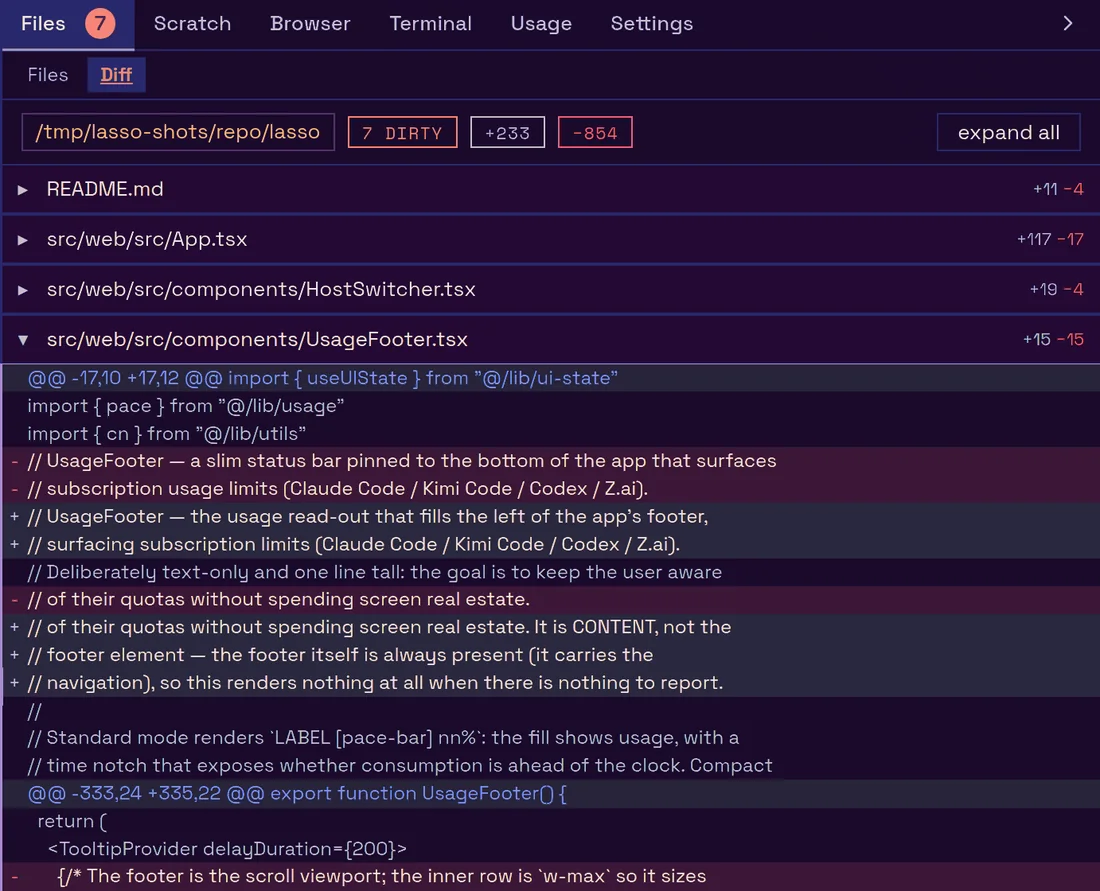 The Diff pane showing lasso's own working tree: seven dirty files, one expanded to its hunks