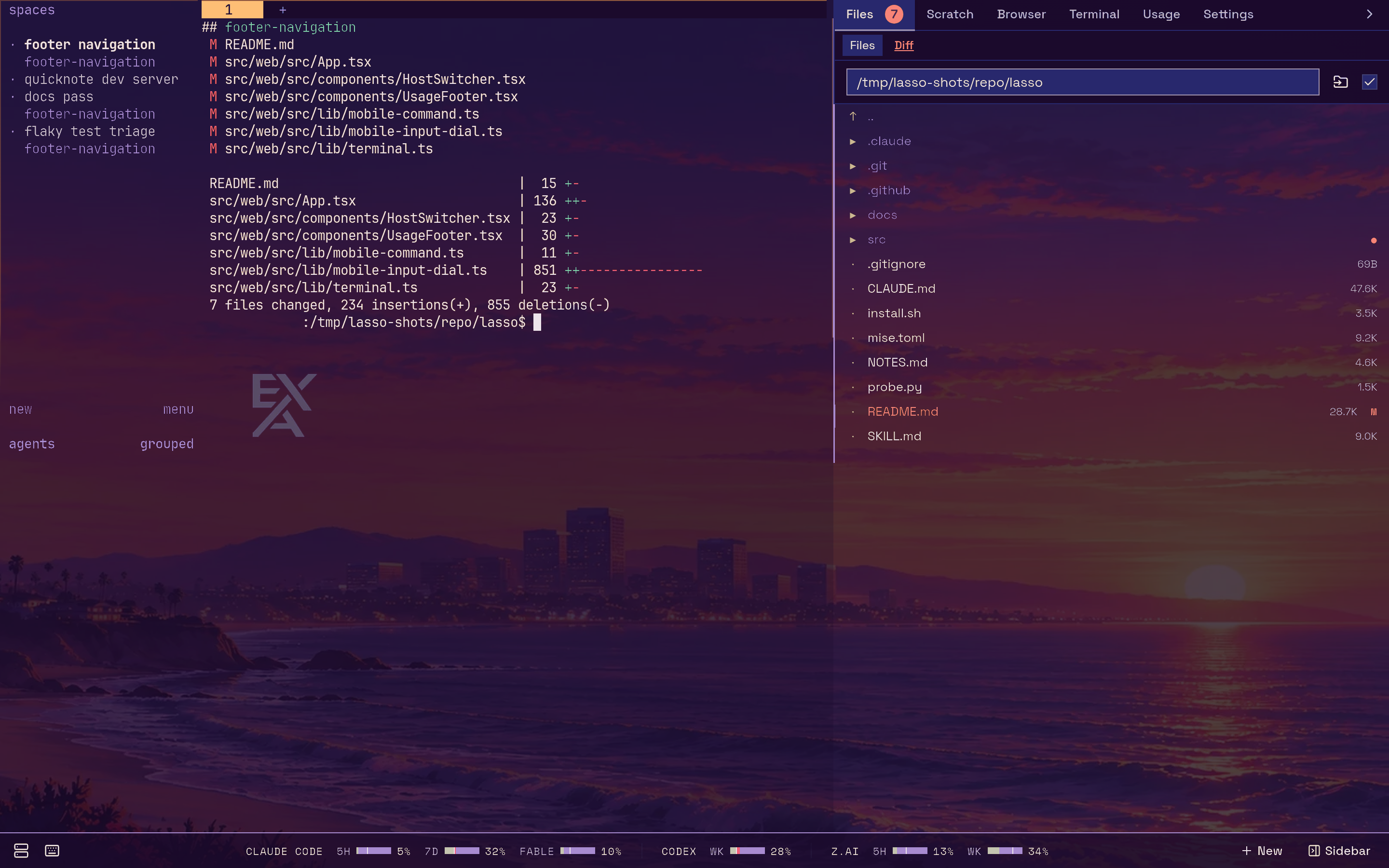 lasso on a desktop: the herdr terminal in the middle, herdr's workspace list on the left, the Files browser on the right, and the usage footer along the bottom