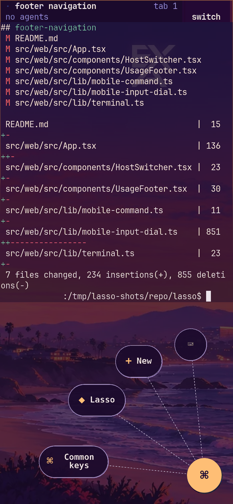 lasso on a phone: the same workspace, with the radial input dial open over the terminal